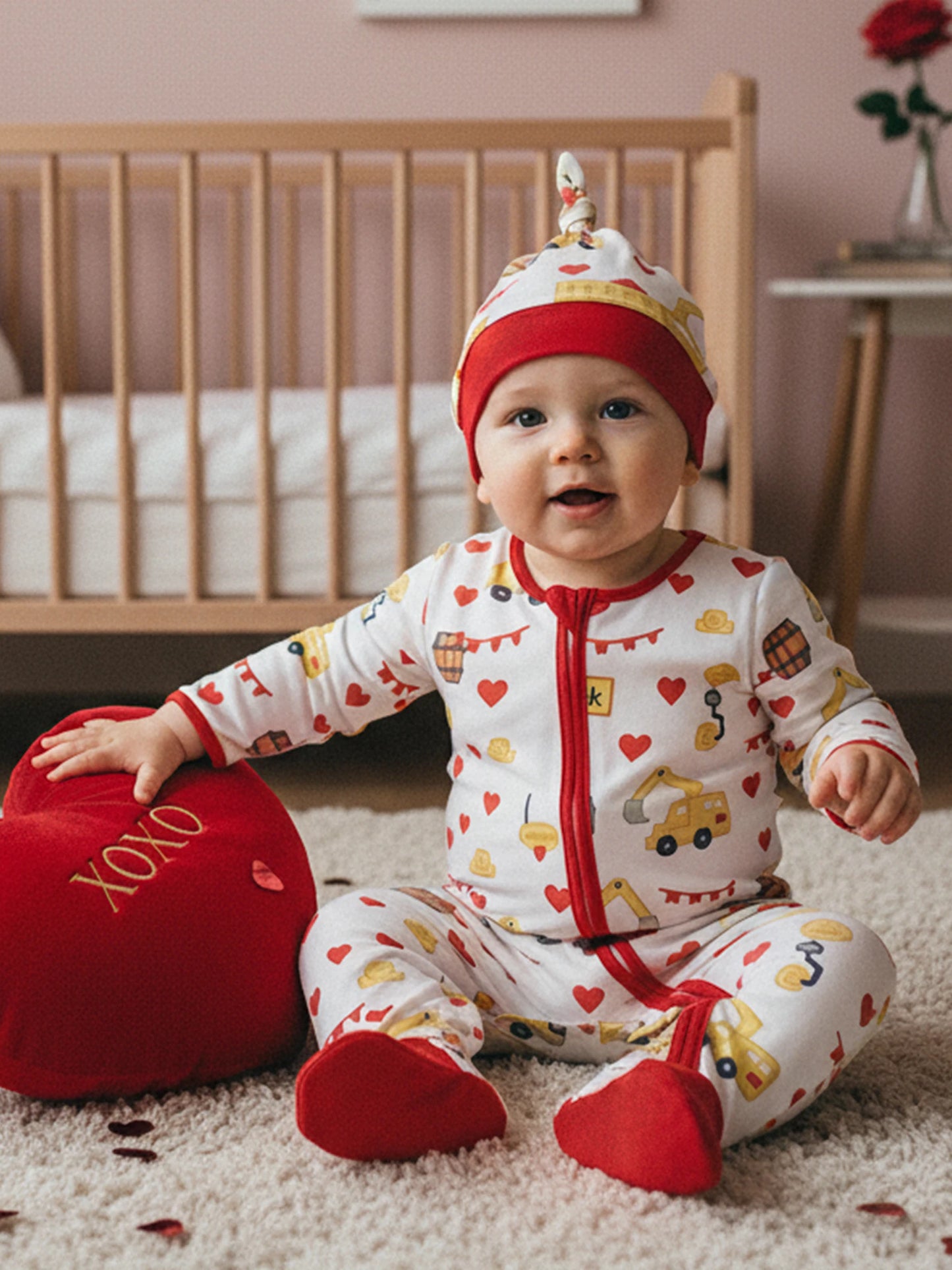 Baby Boys Girls Valentine's Day Romper Set - Excavator Heart Print Jumpsuit with Hat 0-18M