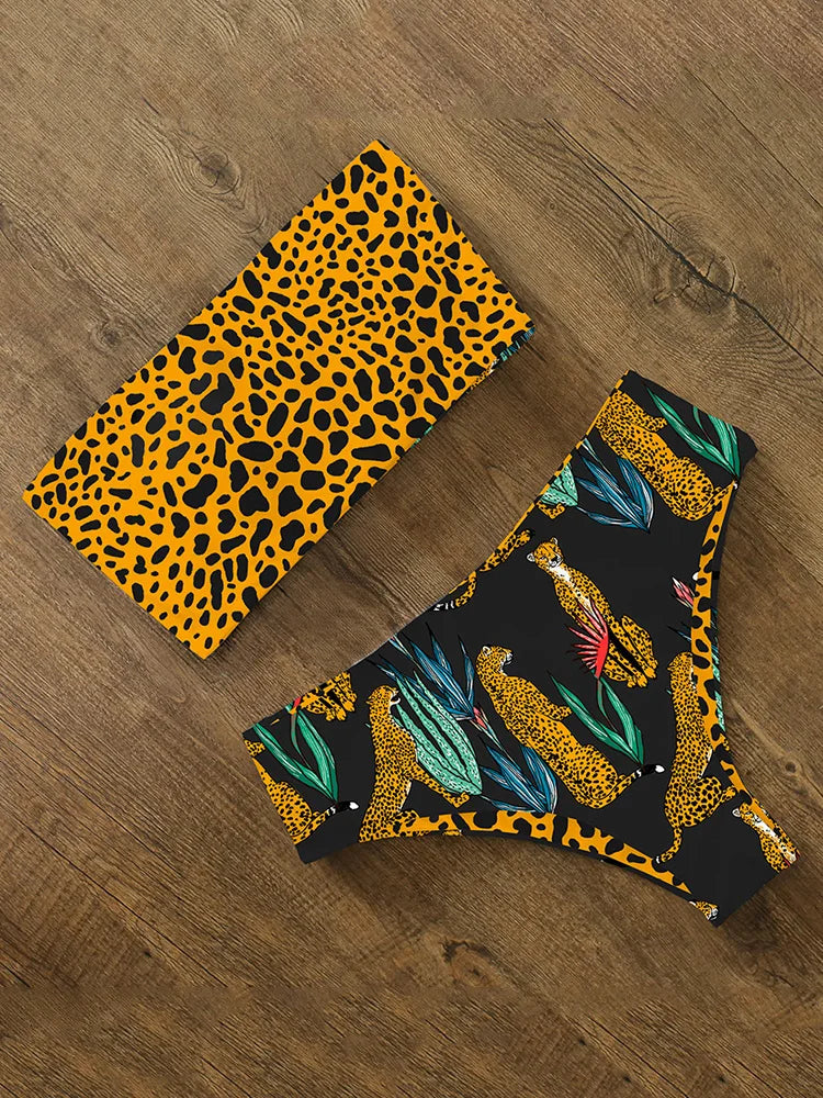 High Waist Bikini Set - Cross Back Bandeau Swimsuit with Print