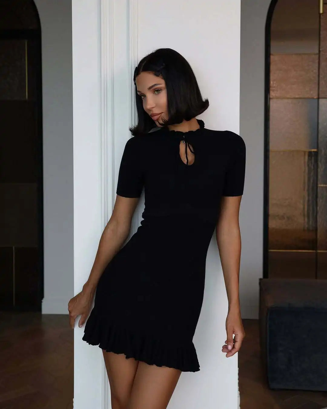 Women's Autumn Tie Front Ribbed Knit Mini Dress - Bodycon Party Dress