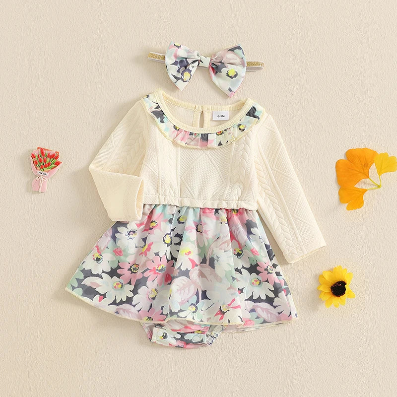 0-18M Baby Girl 2Pcs Fall Romper Dress - Long Sleeve Floral Print Knit Jumpsuits with Headband