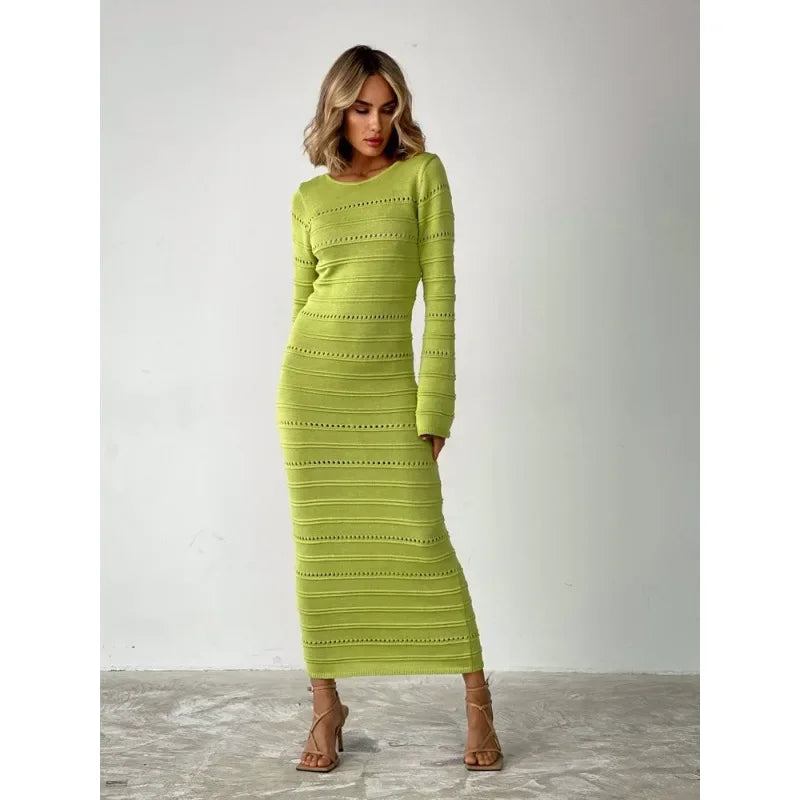 Women's Striped Hollow Two-Wear Knitted Long Dress  Sweater Dress