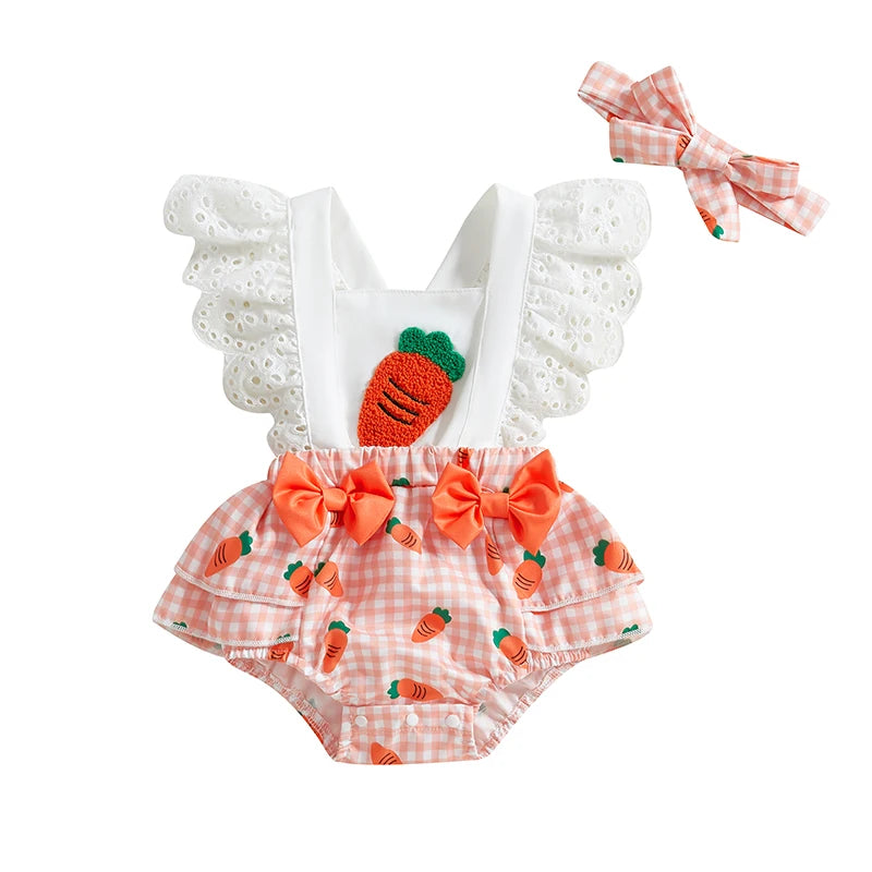 Baby Girls' Cartoon Print O-Neck Short Sleeve Romper | Pink & Orange