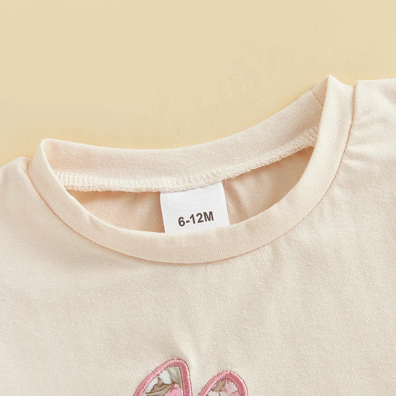 0-4Y Kids Girls Easter Clothes Set Rabbit Floral Print Short Sleeve Ruffled Tops Elastic Waistband Shorts