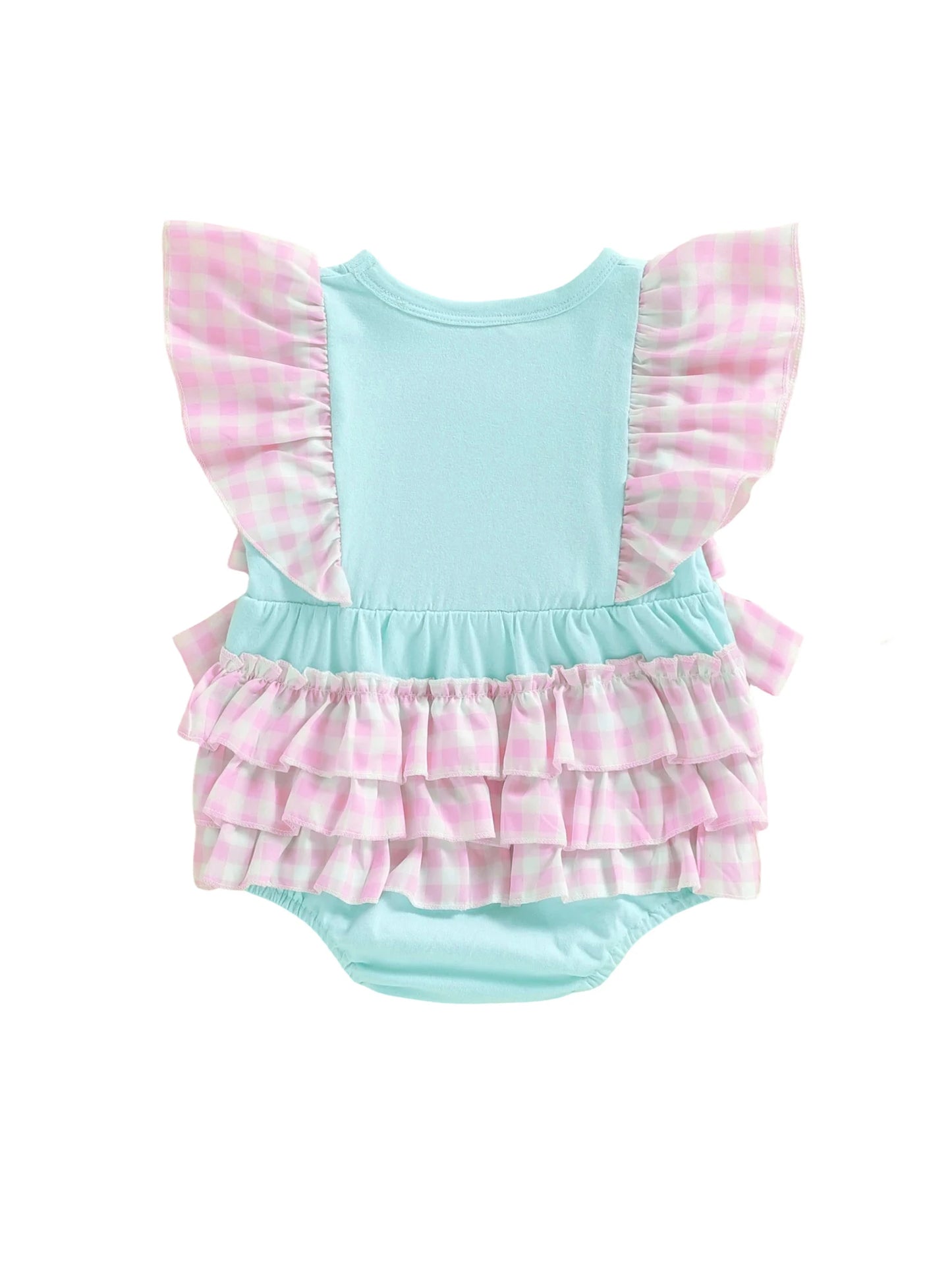 Baby Summer Romper - Plaid Flutter Sleeve Ice Cream Embroidery Jumpsuit