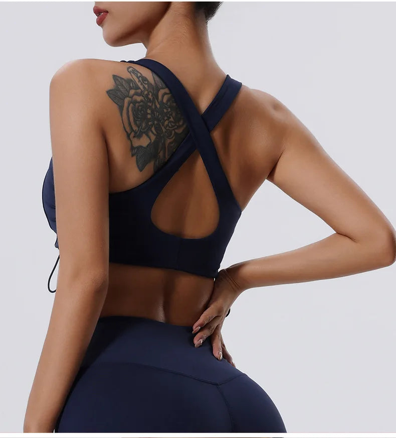 Women's High Impact Fitness Yoga Bra Gathered Push Up Sports Back Gym Crop Top Breathable Workout Vest