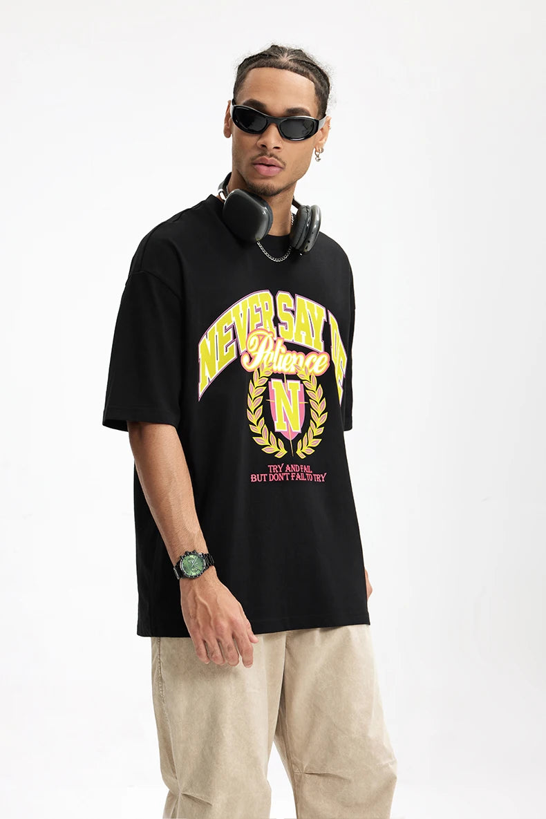 Men's College Printed Suede Beaded American Style Loose Short Sleeve T-Shirt