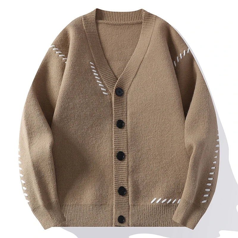 Men's V-Neck Knit Cardigan - Patchwork Loose Fit Streetwear