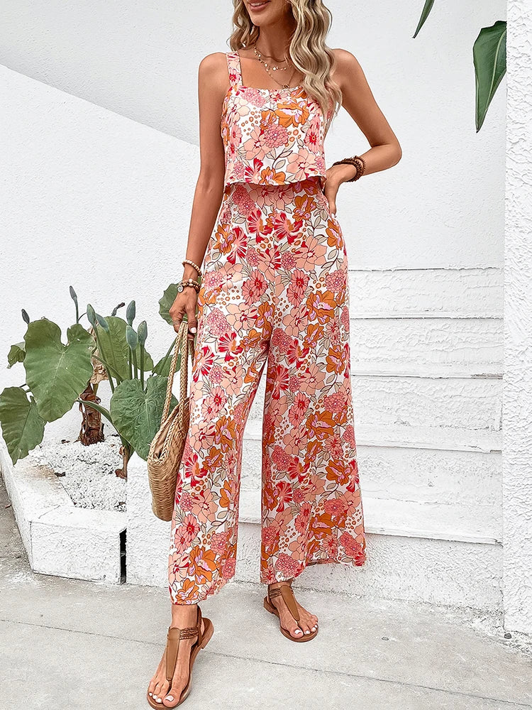 Women Elegant Long Jumpsuit - Backless Wide Leg Jumpsuits Casual Sleeveless Floral Summer Jumpsuit