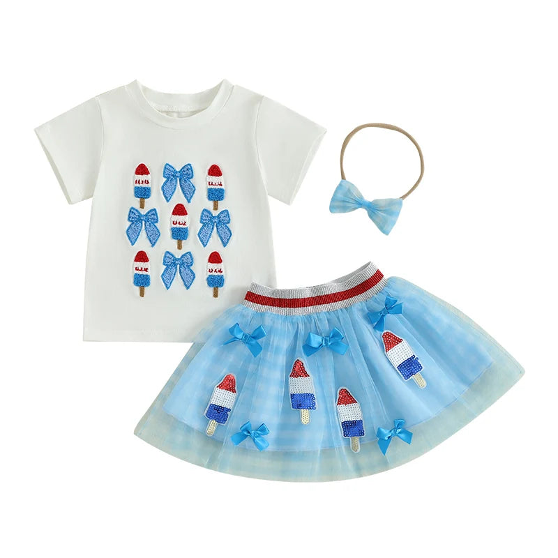 0-6Y Kids Girls American Flag Clothes Sets Bow Embroidery Short Sleeve T Shirt Mesh Lace Skirt Headband