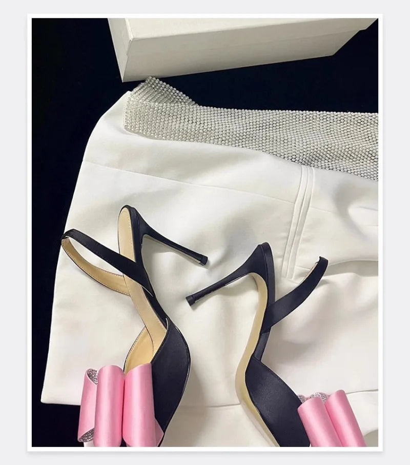 Women's Rhinestone Bowknot Satin Pointed Heel Sandals - Bridesmaid Party Shoes