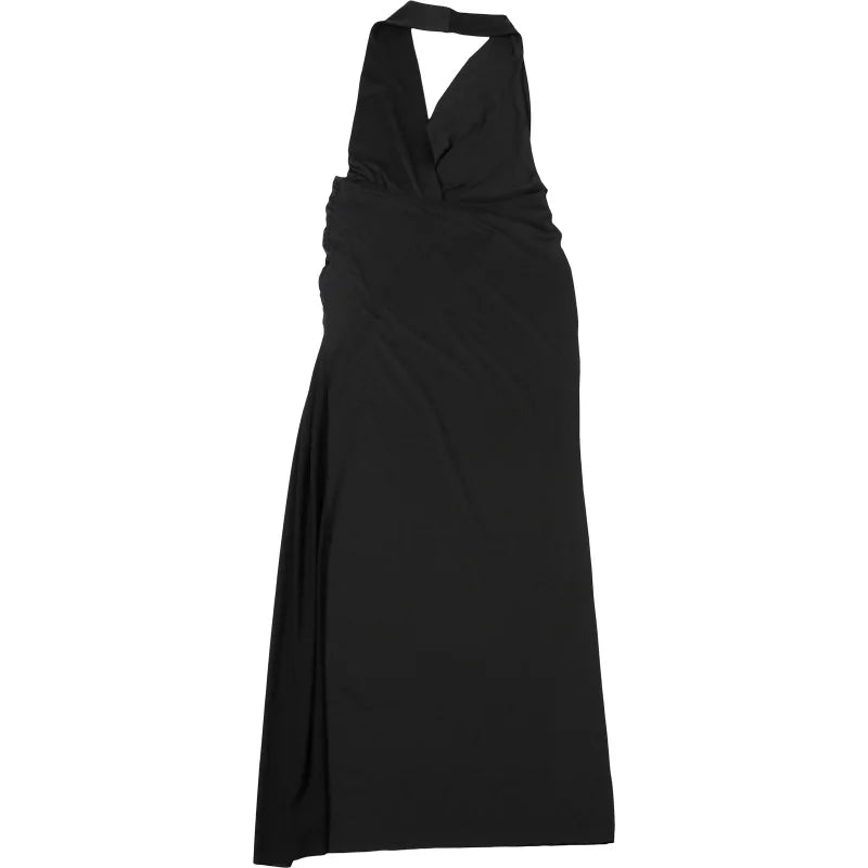 Women's Halter Draped Ruched Maxi Dress - Backless Deep V Neck Gown