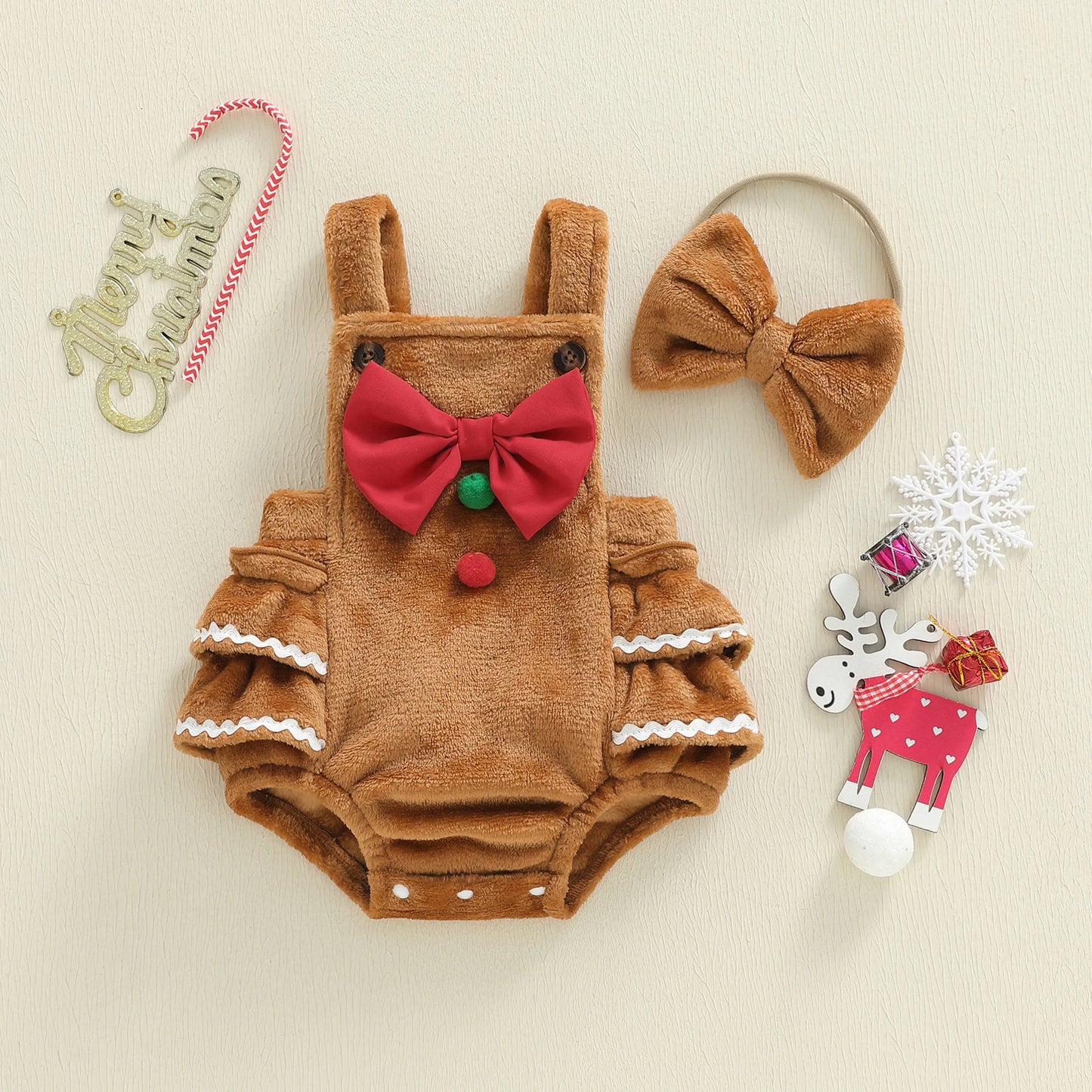 Baby Girls' Christmas Romper Outfit - Gingerbread Man Sleeveless Jumpsuit with Hairband