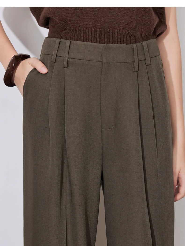 Women's High Waist Straight Leg Suit Trousers with Pockets | Brown