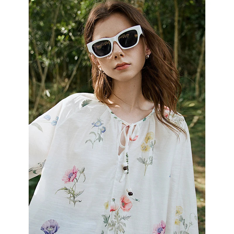 Women's Linen Blend Floral Print Blouse | Lantern Sleeves | O-Neck | Loose Fit | White | Spring Summer