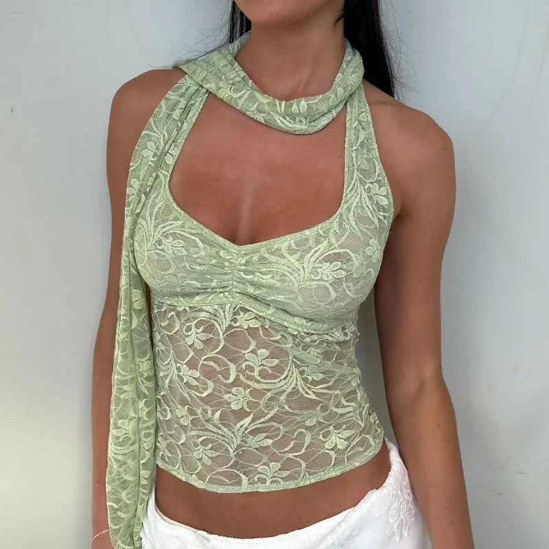 Women's Lace Halter Crop Top - Y2K Backless Sheer Summer Top
