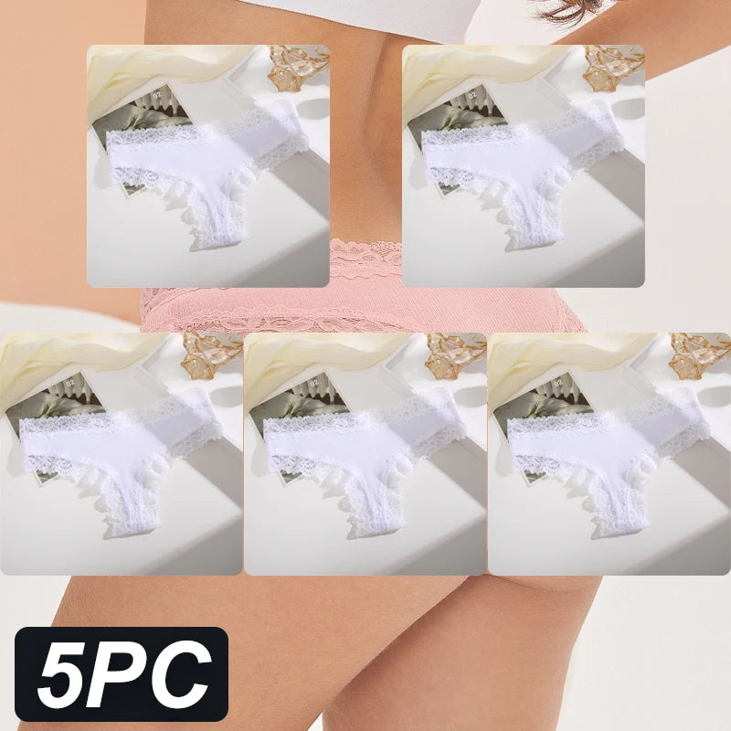 5PCS Women Cotton Lace Underwear Low Waist Briefs Breathable G-String Lingerie