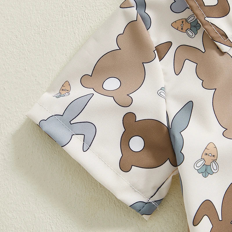 0-4Y Kids Boys Easter Gentleman Clothes Set Bunny Print Short Sleeve Button-up Bow Tie Shirt Elastic Shorts