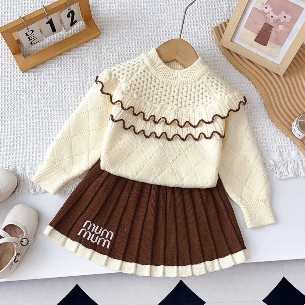 Girl's Diamond Grid Wave Knitted Sweater and Skirt 2-piece Set