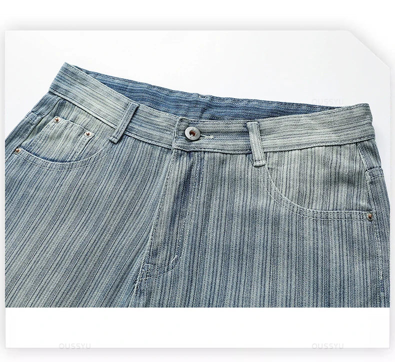 Men's Cotton Striped Straight Leg Jeans | Zipper Fly | Moustache Effect Wash | Midweight | Spring Summer | High Street