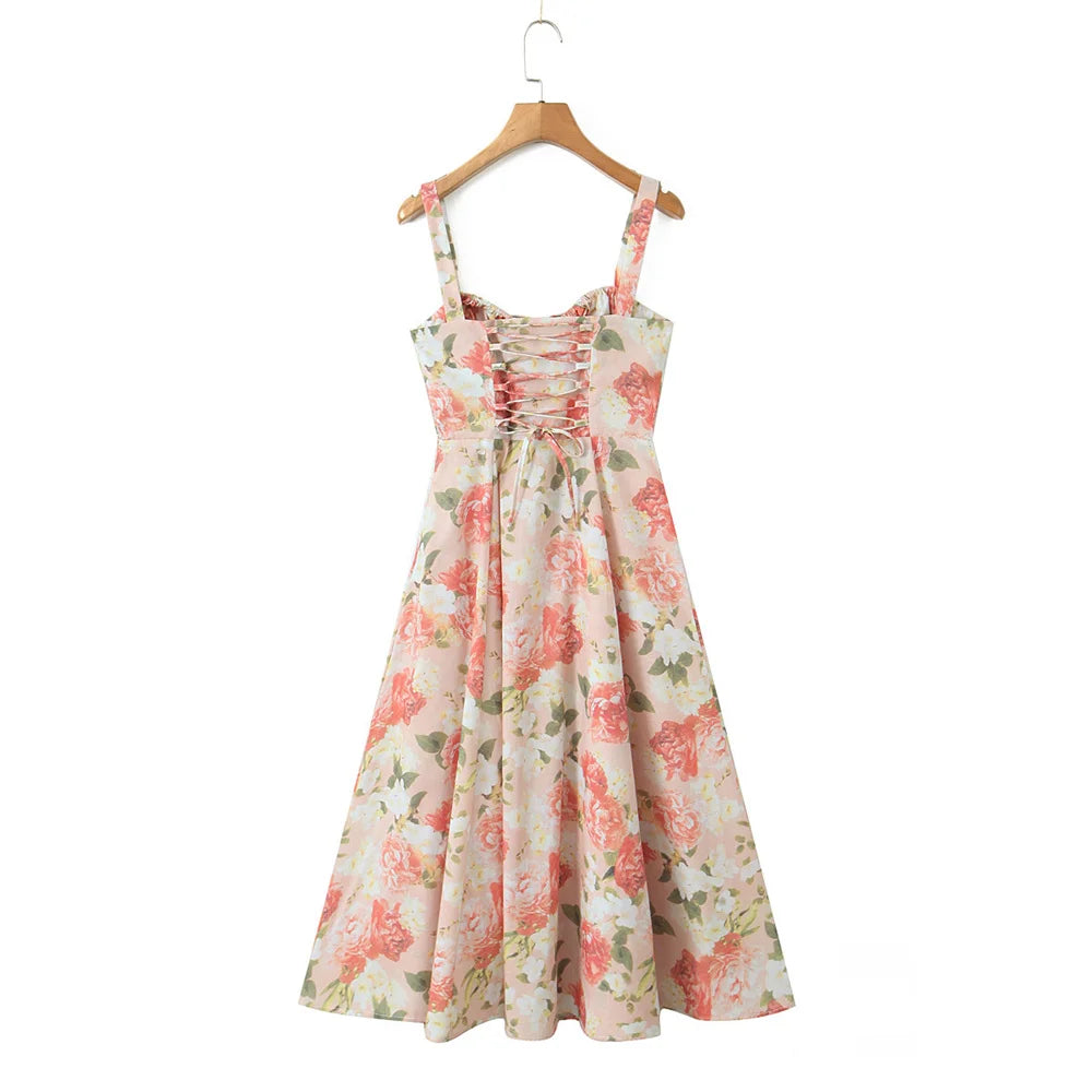 Summer Women's Sleeveless Printed Mid Length Suspender Dress