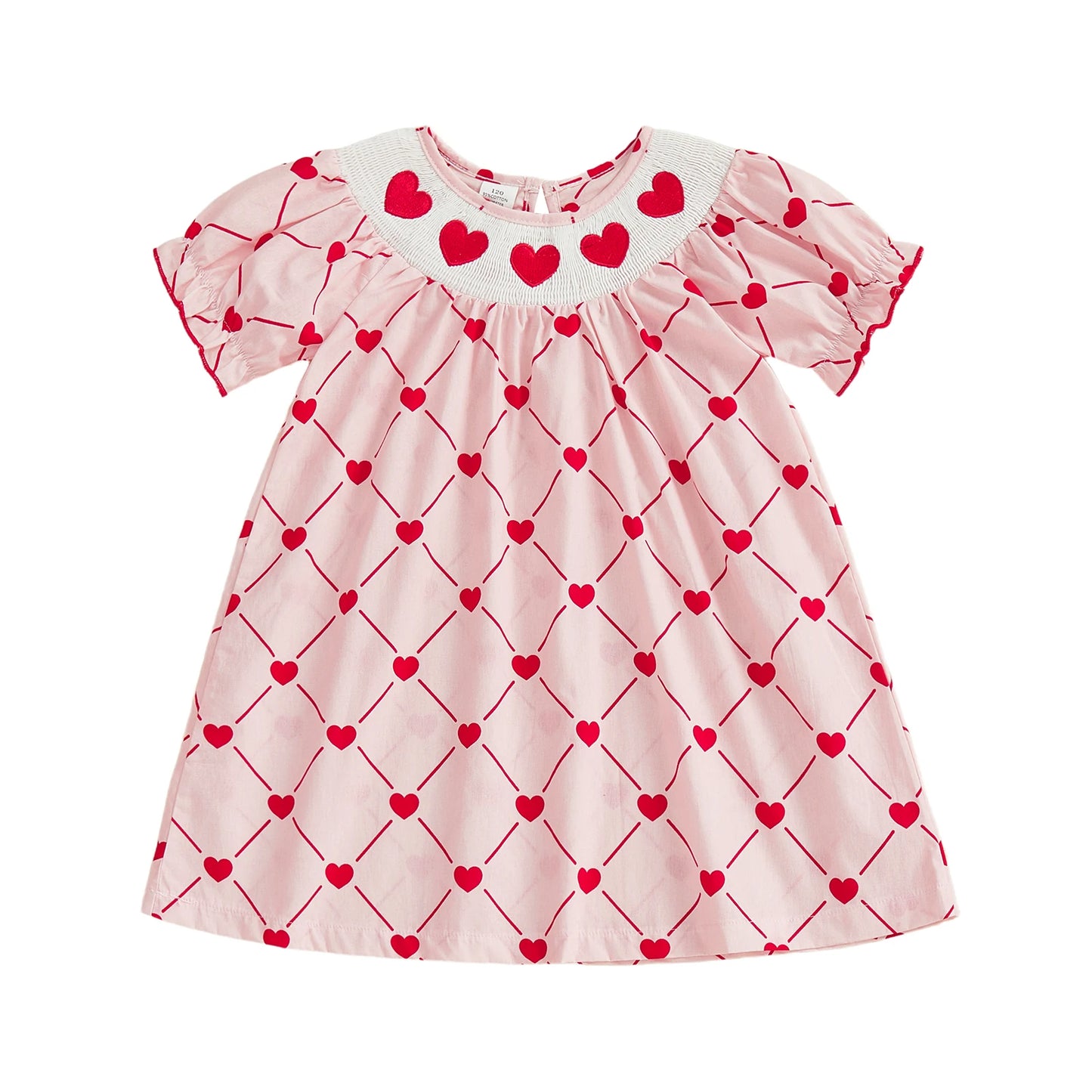 Little Girls Valentine's Day Short Sleeve Heart Embroidery Print A-Line Dress