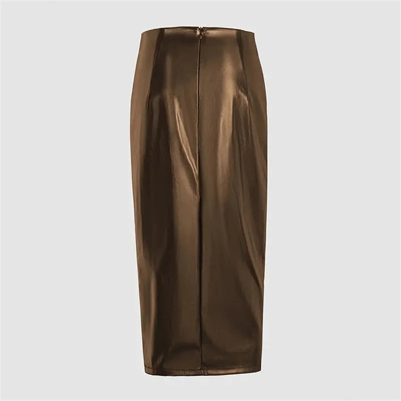 Women PU Leather Midi  Hip Slit Pencil High Waist Skirt