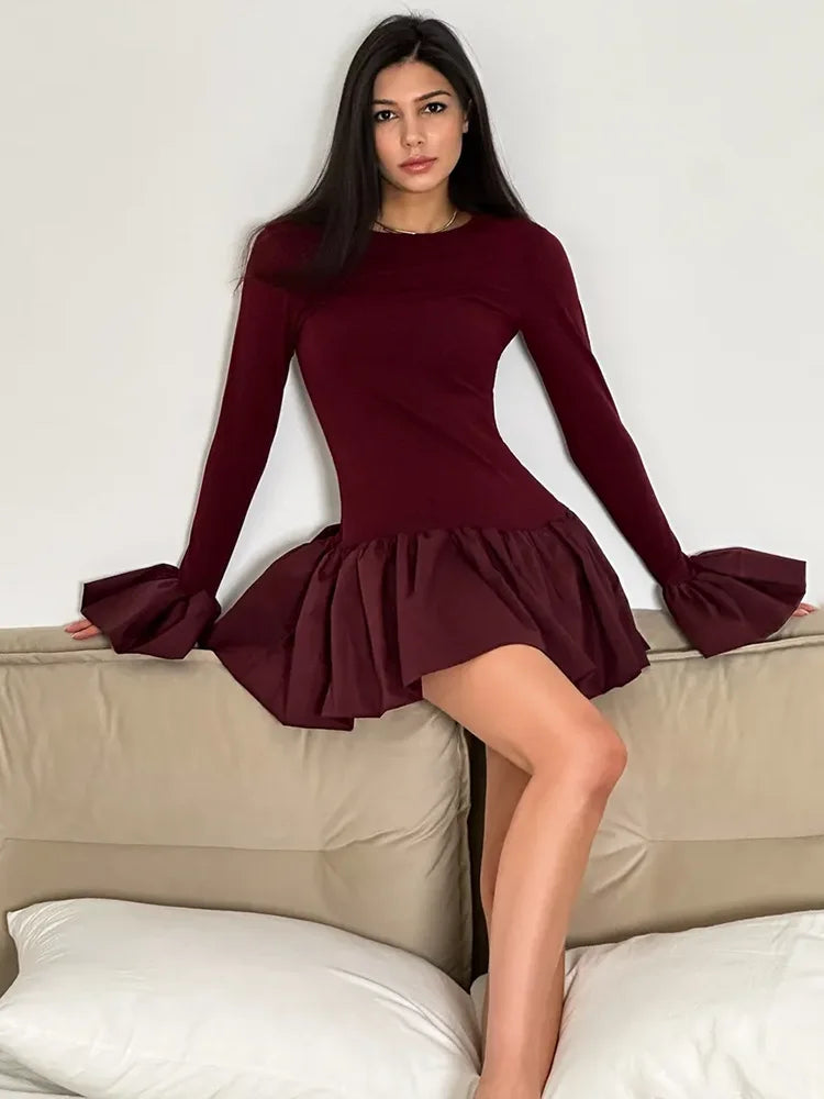 Women's  Flare Sleeve Mini Splice Folds A-Line Sweet Bodycon Dress