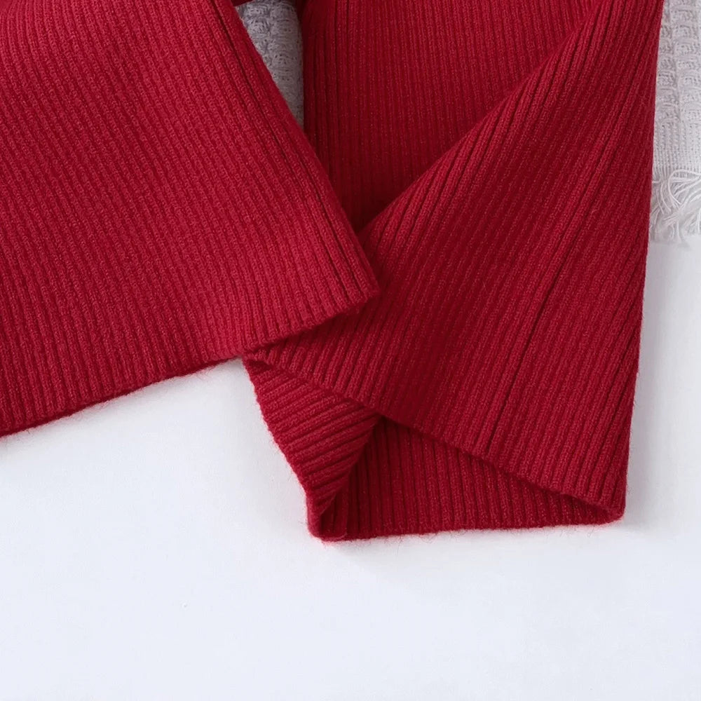 Christmas Red Teddy Bear Knitted Sweater and Pants Set - Girls Winter Outfit