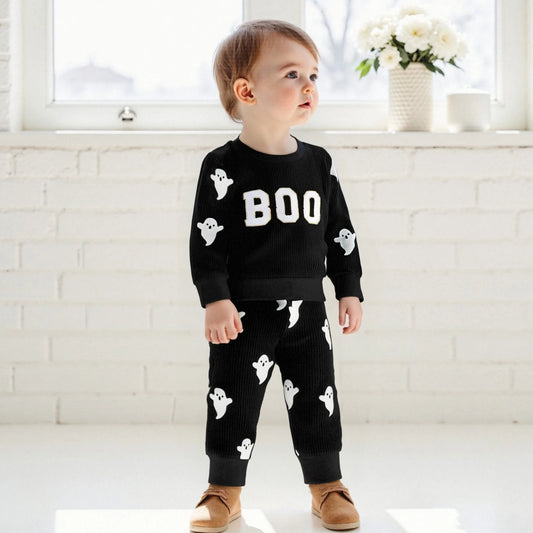 Toddler Boy's Halloween Outfit Set - Ghost Print Sweatshirt & Elastic Pants