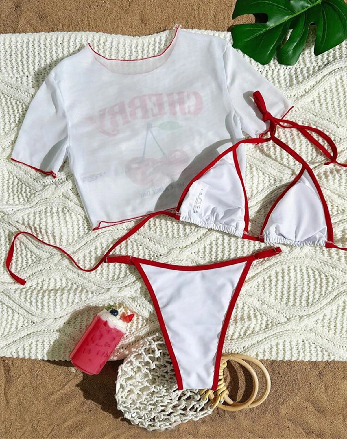 Women's Cherry Printed Short Sleeve Bikini Swimsuit Swimwear Three-pieces Bikini Set