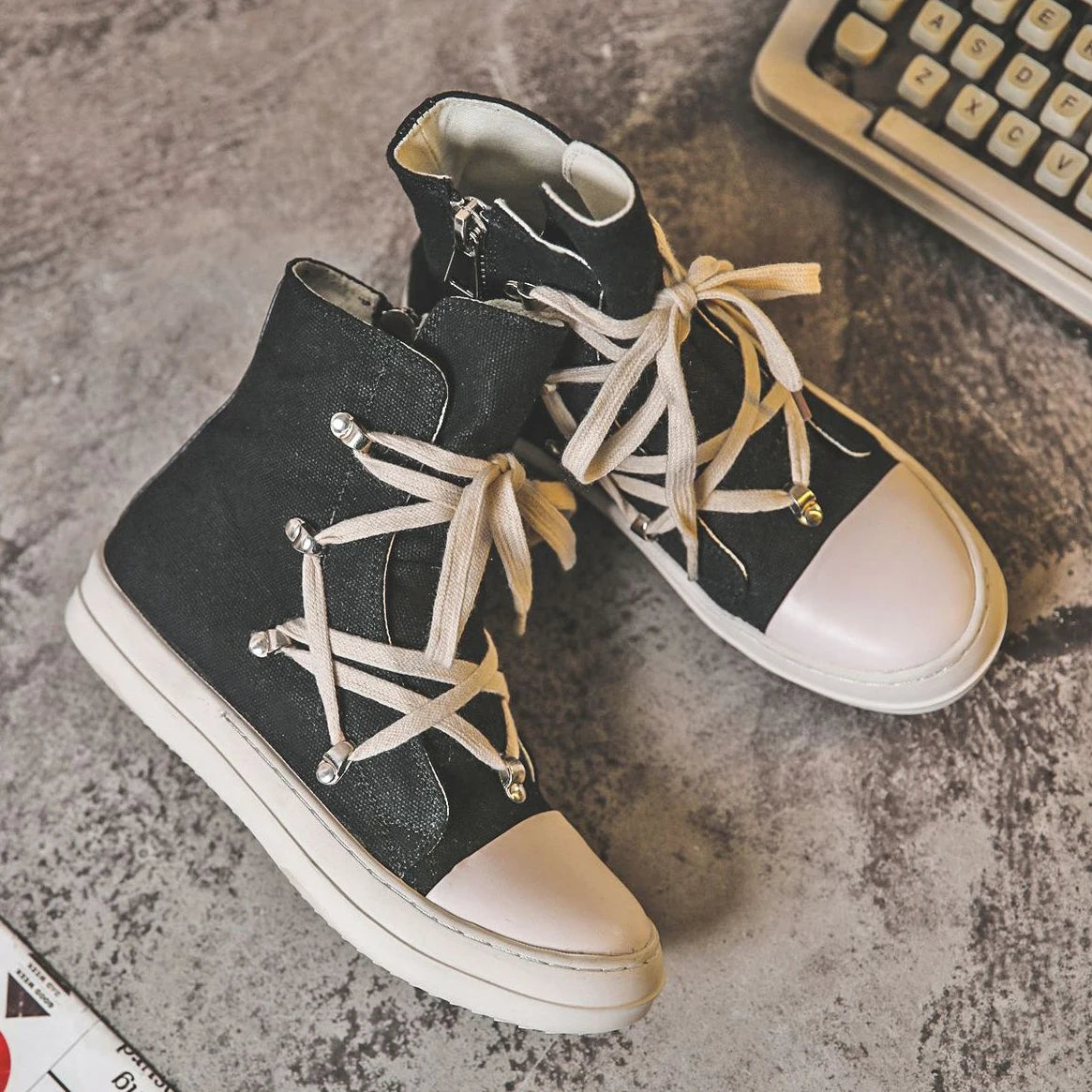 Unisex Mid-Calf Boots - High Top Lace-Up Canvas Sneaker Boots