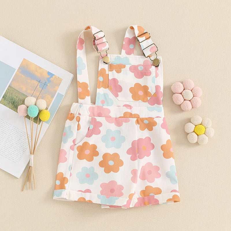 Kids Girls Overalls Shorts 0-6Y Sleeveless Straps Strawberry/Flower Print Denim Button Pocket Jumpsuit