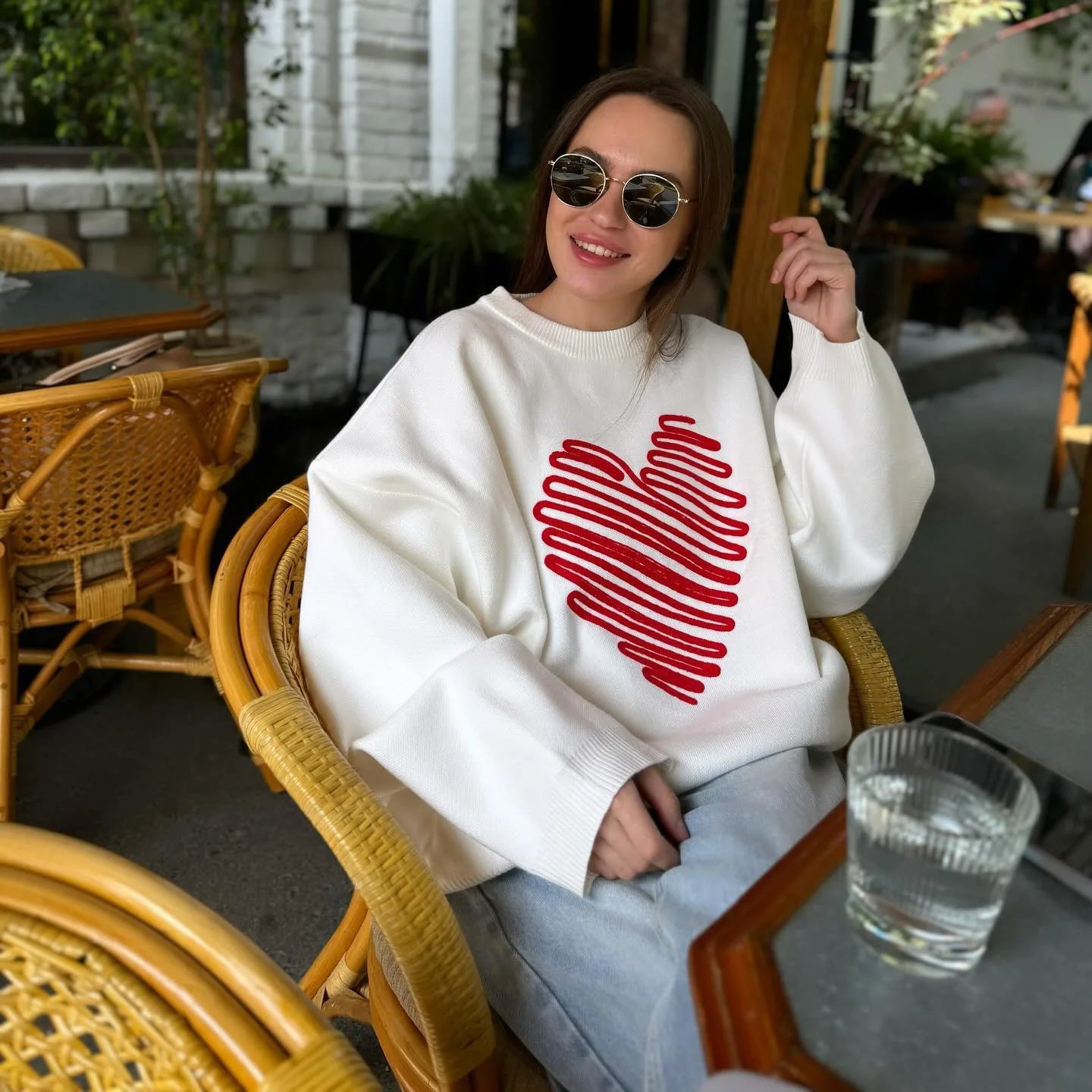 Women's Heart Knitted Loose Pullovers Long Sleeve Sweater