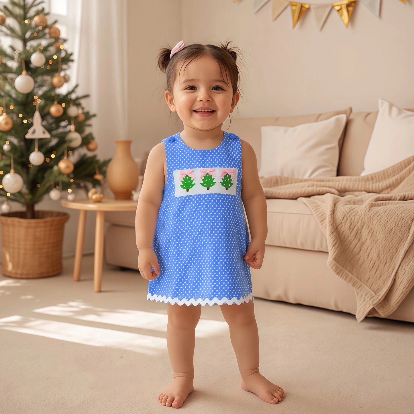Girls' Christmas Tank Dress - Sleeveless Plaid Dress with Embroidered Tree Design