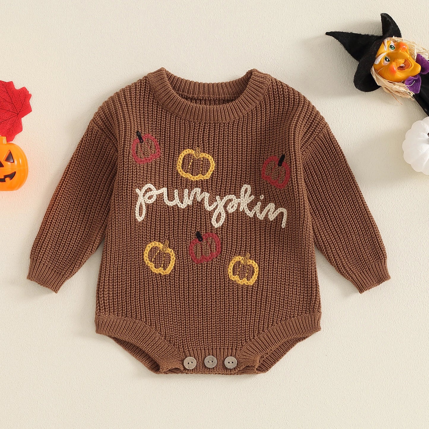 0-18M Baby Girls Boys Halloween Sweater Romper - Long Sleeve Letter Pumpkin Embroidery Jumpsuit