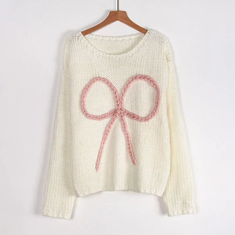 Women's Bows Long Sleeve Knitted Casual Loose Round Neck Crochet Pullovers Splice Sweater Top