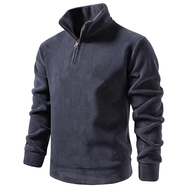 Men's Half Zipper Fleece Stand Collar Hoodie Solid Color Warm Loose Pullover