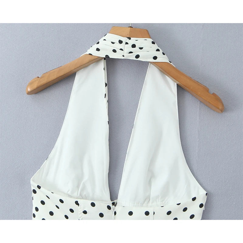 Polka Dot Halter Mini Dress - Deep V Backless A-Line Dress