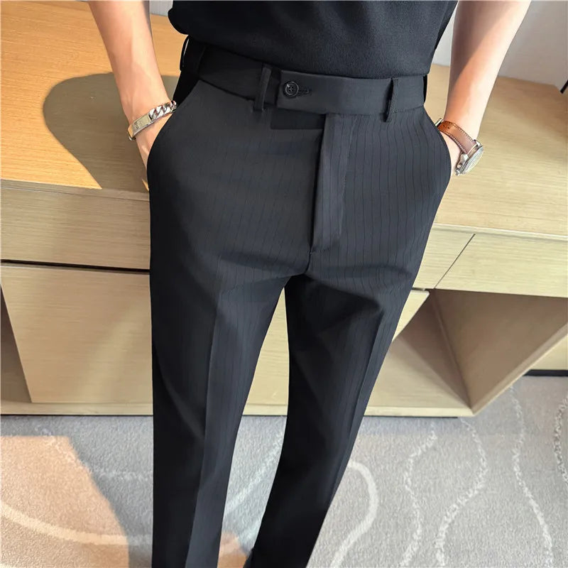 Men's Elastic Waist Suit Trousers - Smart Casual Solid Striped Pants for Autumn Winter