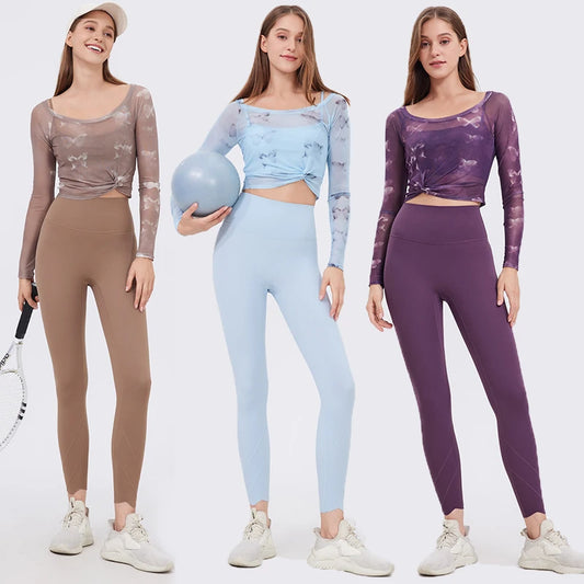 Women's Two Pieces Fitness Yoga Set - Long Sleeve Top and High Waist Leggings Gym Breathable Quick Dry Sportswear Workout Activewear Set