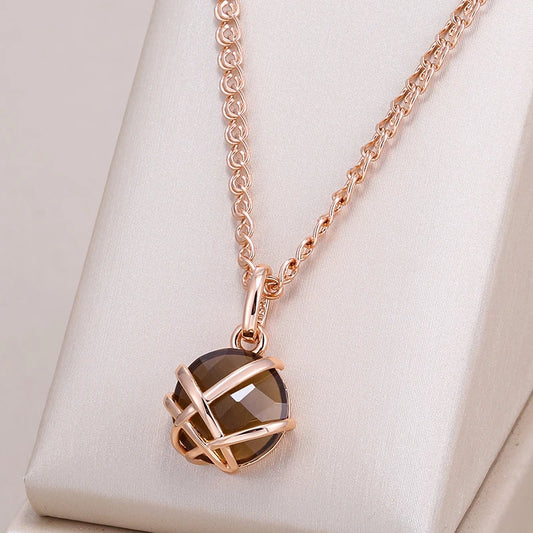 Women's 585 Rose Gold Color Glossy Metal Light Brown Natural Zircon Pendant Necklace