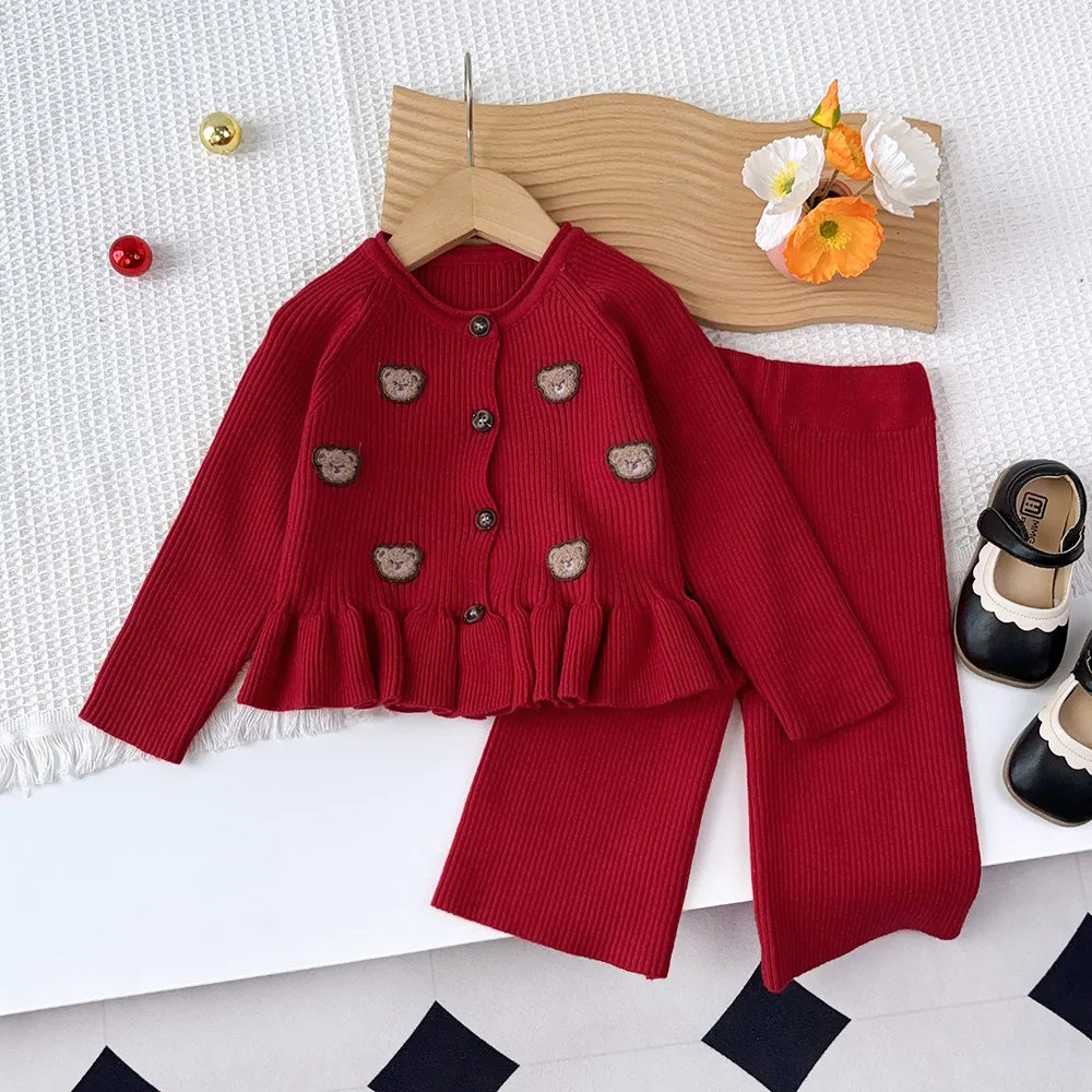 Christmas Red Teddy Bear Knitted Sweater and Pants Set - Girls Winter Outfit