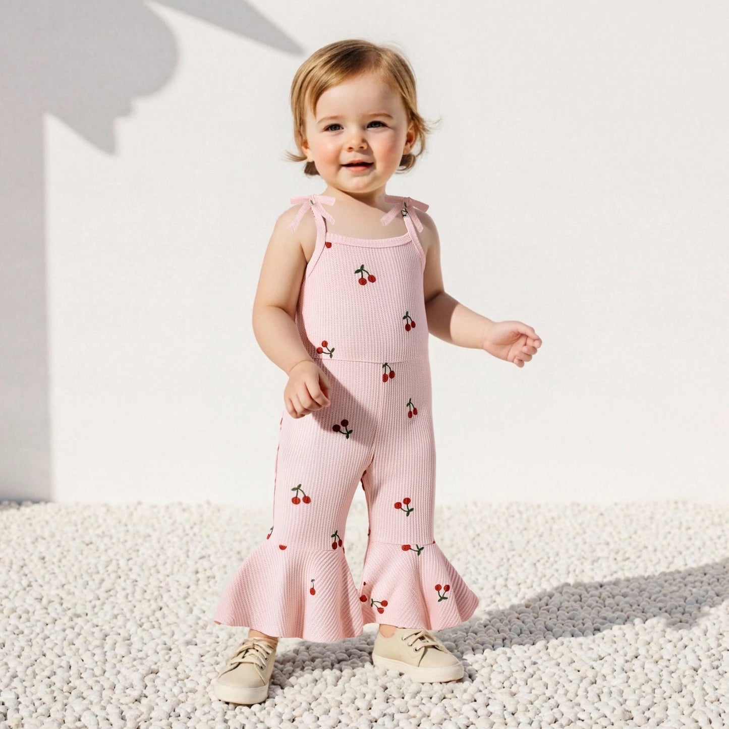 0-5Y Kids Girls Summer Jumpsuit Tie-up Spaghetti Straps Cherry Print Flare Romper Pants
