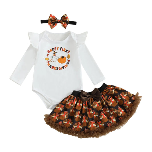 Baby Girls Thanksgiving Outfit Set - 3-Piece Long Sleeve Romper, Mini Skirt & Headband