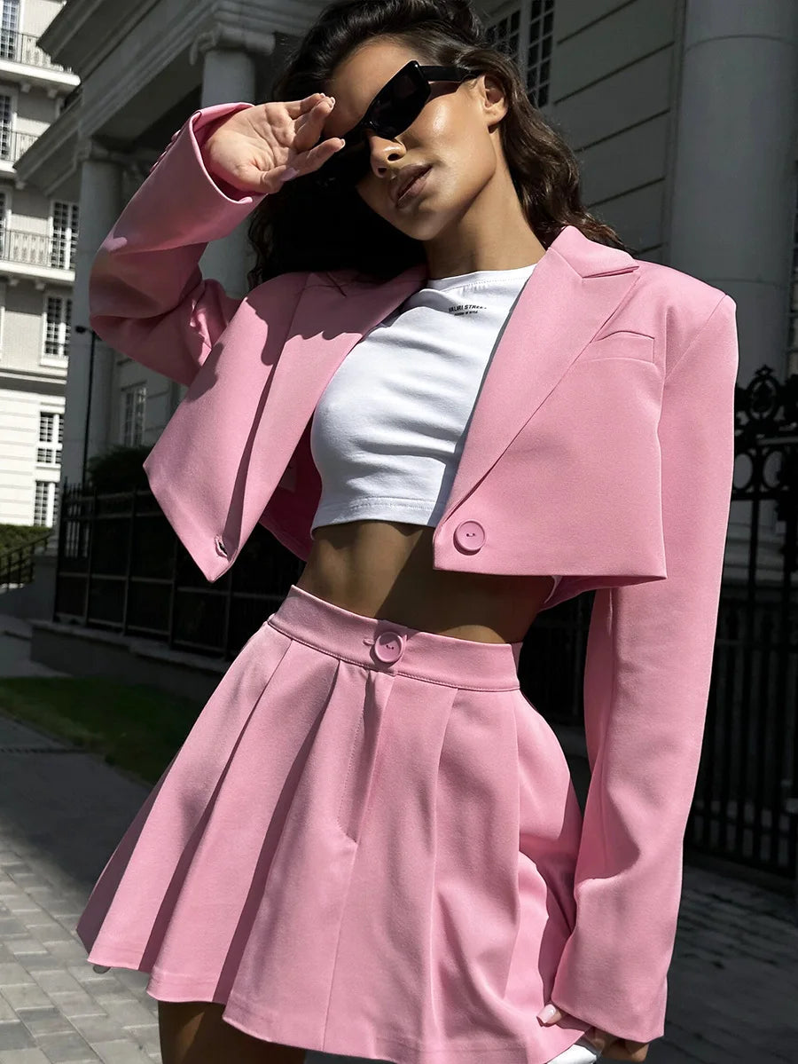 Women's Short Blazer Set - Crop Blazer Jackets & Pleated Mini Skirt Two Piece Set