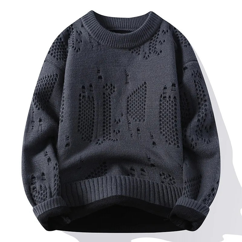 Men's Distressed Knit Sweater - O-Neck Casual Pullover