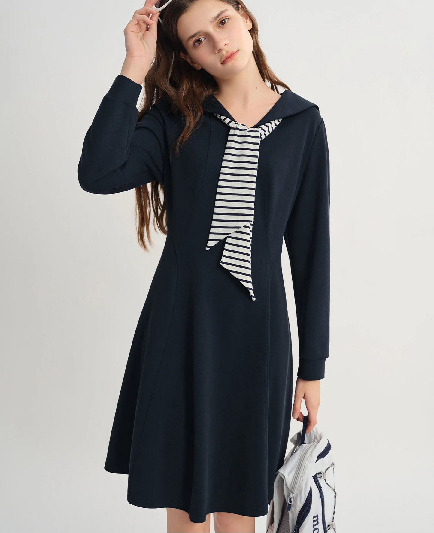 College Style Contrasting Color Wraparound V-Neck Long Dress