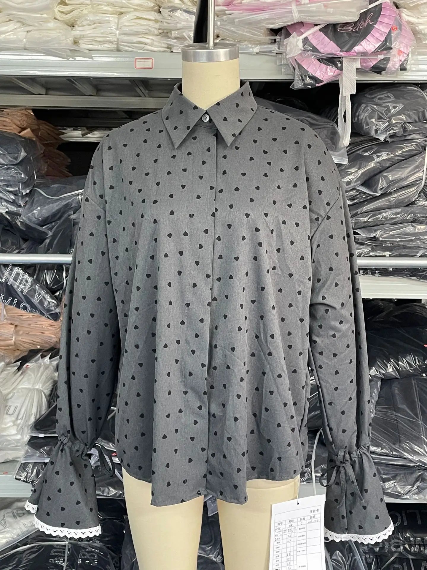 Women's Lace Splice Loose Polka Dot Lapel Long Sleeve Shirt Casual Single Breasted Blouses