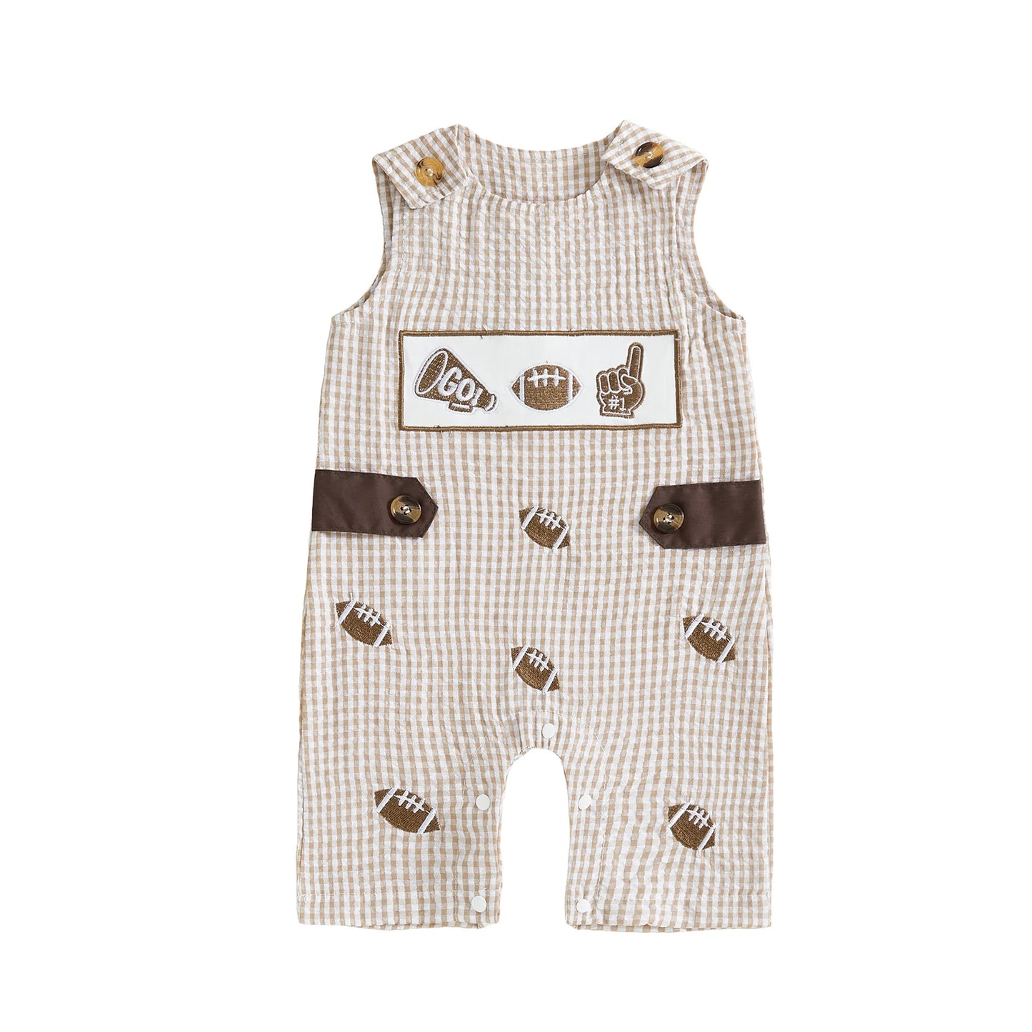 Baby Plaid Romper Overalls - Sleeveless Football Embroidery Jumpsuit (0-18M)