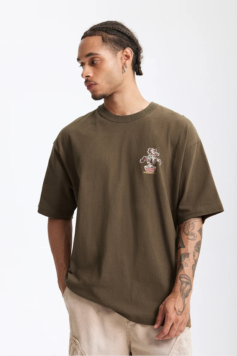 Men's 250G Green Plant Crack Print Retro Street Style Heavyweight Casual Short Sleeve T-Shirt